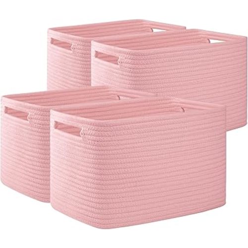 OIAHOMY 4 Pack Storage Baskets for Organizing, Cube Storage Bins for Shelves, Rectangle Storage Baskets With Handles, Woven Baskets for Storage, 12.7''Lx9''Wx7.8''H, Pink