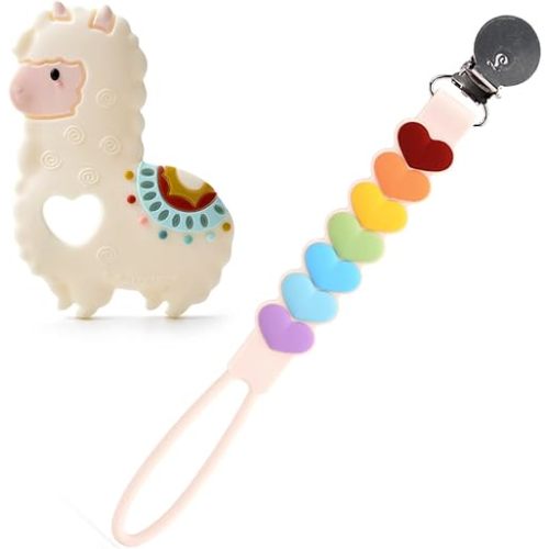 Loulou Lollipop Silicone Teether and Holder Clip Bundle Set - Llama/Sweetheart Rainbow