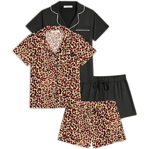 Ekouaer 2 Pack Womens Pajamas Set Button Down Summer Sleepwear Short Sleeve Comfy Pjs Loungewear Set