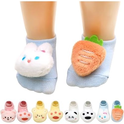4Packs Baby Toddlers Non Slip Socks Anti Skid Cotton Ankle Socks Infant Cartoon Sock for 0-12 Months Boys Girls
