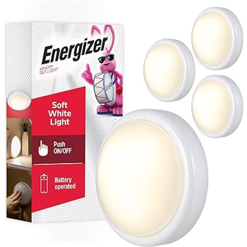 Energizer LED Tap, 4 Pack, Push, Battery Operated, Touch, Stick On Lights, Wireless, Puck, Under Cabinet Lighting, Perfect for Closets, Kitchen and More, 48958-P1