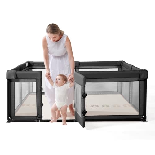 Baby Playpen,Extra Large Playpen for Babies and Toddlers, Sturdy Play Pen Play Yard with Safety Gate,79”x71”Baby Play Pen(Black)