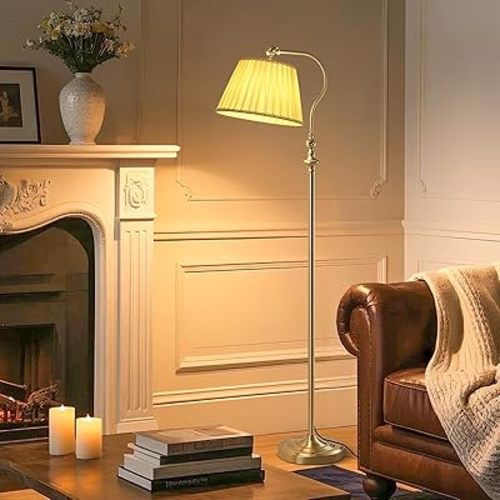 Gold Brass Floor Lamp with Fabric Shade,12W Smart Remote and Bluetooth Dimmable, Standing Lamps for Living Room Bedroom Farmhouse Office,Mid Century Rustic Vintage Antique Boho Tall Reading Light