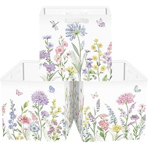 11.8" Spring Summer Flower Cube Storage Organizer Set 3Pcs Wild Plants Cube Storage Bin for Bedroom Butterfly Women Book Toy Chest, Garden