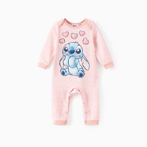 Disney Stitch Infant Baby Boy/Girl Character Striped Pattern Jumpsuit Cute Romper (Light Pink, 6-9 Months)