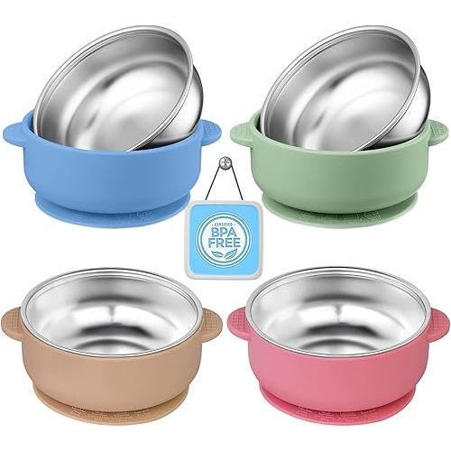 4 Pack Stainless Steel Toddler Suction Bowls for Baby Plates, 2-in-1 SUS304 Toddlers Bowl & Removable Silicone Suction Kids Bowl for Cereal | Snack | Anti-Scald Non-Toxic Suction Bowls