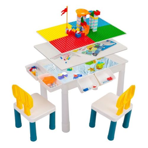 Sandinrayli Kid Activity Table Set w/2 Chairs & 100Pcs Lg Blocks, Compat w/Classic Blocks, Water/Sand & Building Block Table for Toddler (Primary)