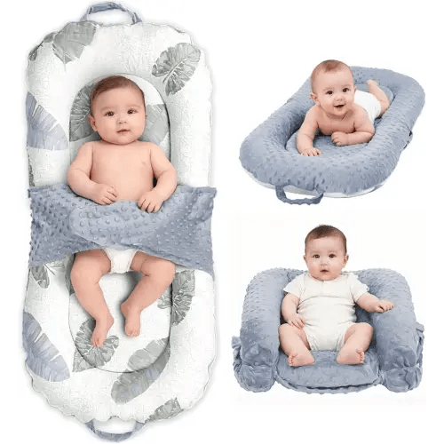Baby Lounger, 3-in-1 Portable Infant Lounger for Newborns 0-24 Months, Foldable Tummy Time Pillow and Sitting Seat with Removable Cover, Dual-Sided 100% Cotton and Velvet, Ideal Baby Shower Gift