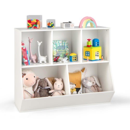 5-Cubby Kids Toy Storage Organizer Wooden Bookshelf Natural/White