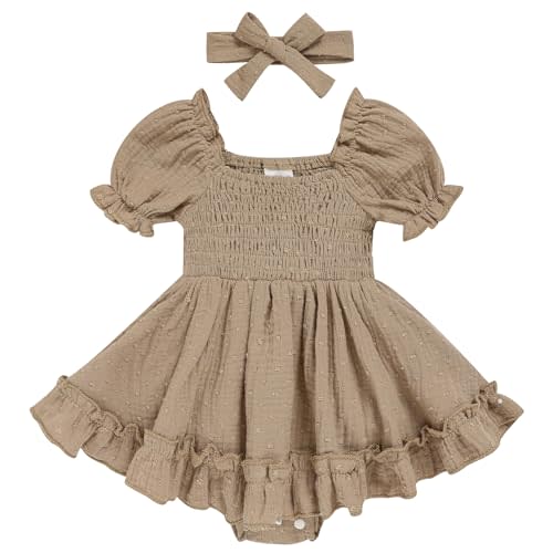 GRNSHTS Baby Girl Romper Dress, Puff Sleeve Smocked Outfit with Headband for Infants Soft Cotton Photo Shoot