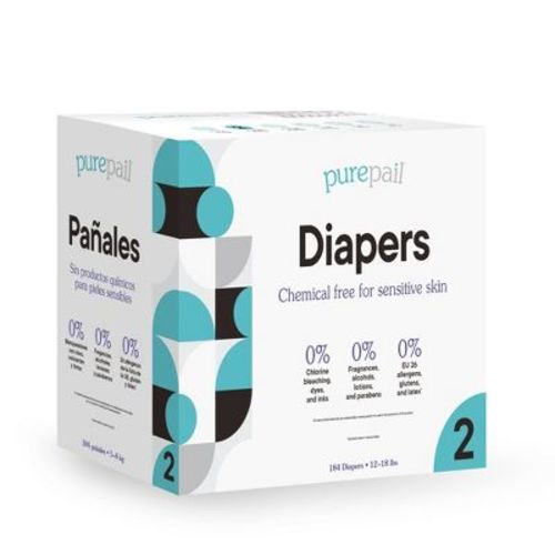 Purepail Disposable Diapers With Pure Fit, Size 2, 12-18 Lbs, 184ct