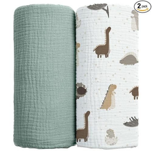 lulumoon Muslin Swaddle Blankets for Baby: 100% Cotton Receiving Blankets | Breathable Wrap for Newborn Swaddling - Nursery Gift for Baby Boys (Jungle Dinosaur)