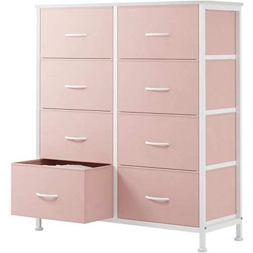 Sweetcrispy 8 Drawer Fabric Dresser for Bedroom, Tall Double Dresser Chest of Drawers with Sturdy Steel Frame and Wooden Top, Closet Living Room Storage Organizer with Easy Pull Handles,Pink