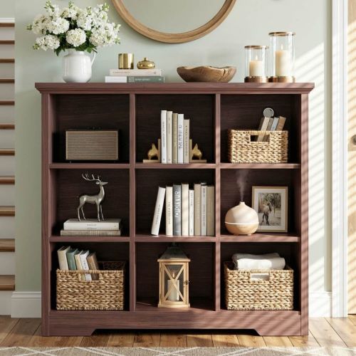 Besiost 9 Cube Bookshelf with Charging Station, Floor Cubby Toy Organizer - Walnut