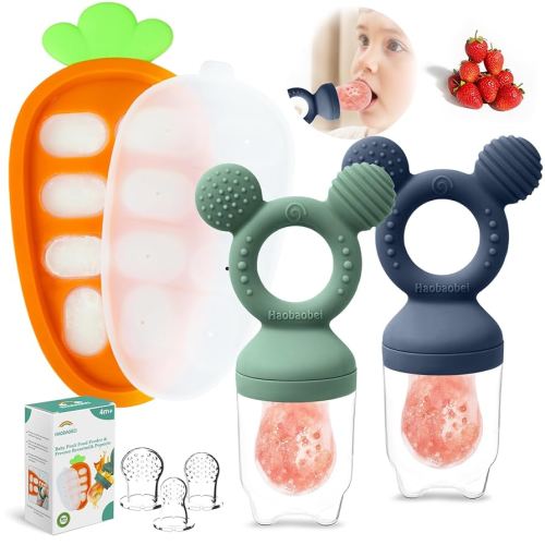 Baby Fruit Feeder Set – 3-Size Silicone Teether with Ice Cube Tray | Leakproof Self-Feeder for 3-24 Months | BPA-Free, Dishwasher Safe | Baby-Led Weaning Essential (Green Blue)