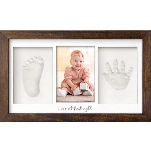 Kit de manos y huellas para bebé, marco de recuerdo de huellas de mano de arcilla, marco de fotos para guardería de recién nacidos, regalos personalizados para mamá para baby shower y registro (nogal