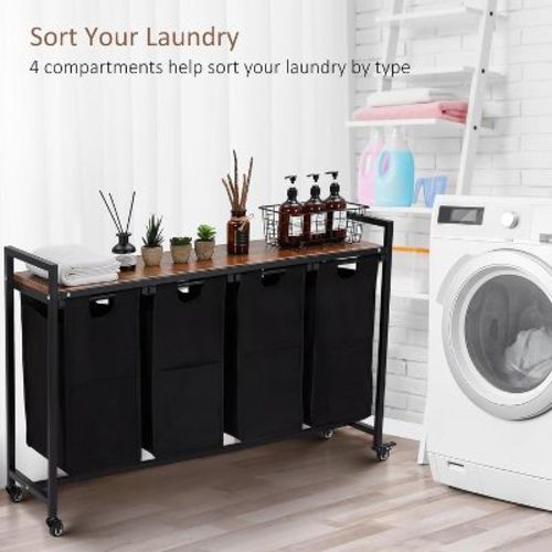 Laundry Hamper, Laundry Basket, Laundry Sorter with 4 Pull-Out and Removable Bags, Shelf, Laundry Room Storage with Table, 4 x 11.5 Gal.