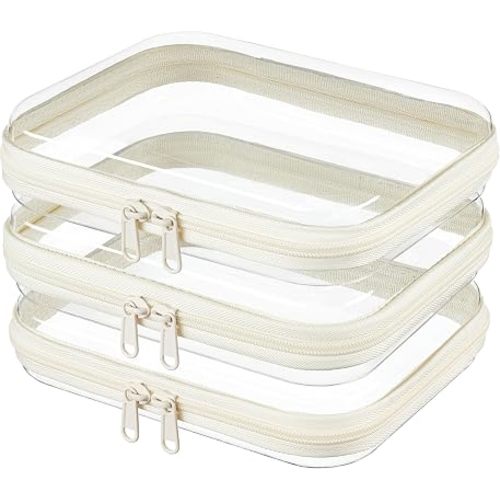 3-PCS Medium Clear Hard Shell Zipper Pouches, Clear Zipper Bags (3M, Ivory)