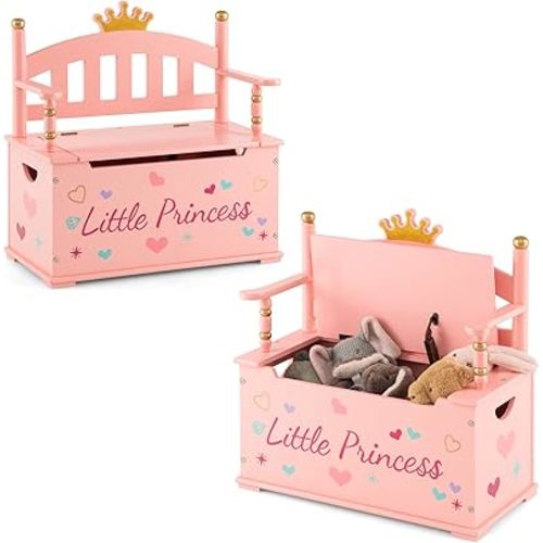 HONEY JOY Pink Wooden Toy Box, 2 in 1 Crown Large Toy Storage Chest with Safety Hinged Lid, Kids Toy Storage Bench for Playroom Bedroom, Children's Furniture, Gift for Princess Girls Age 3+, Pink