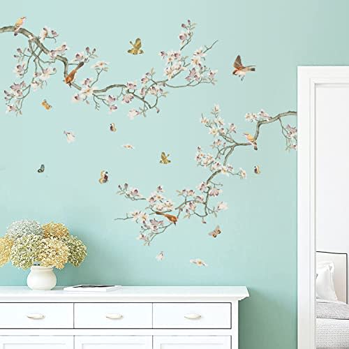 Green Leaf Branch Wall Decals White Flowers Wall Stickers DIY Removable Butterflies and Birds Wall Sticker Art Home Decoration for Kids Baby Girls Bedroom Classroom Offices Nursery TV Sofa Background (B)