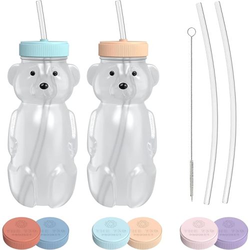 Honey Bear Straw Cup for Babies, Honey Bear Cups with Travel Lid, 2-Pack Therapy Learning HoneyBear Straw Sippy Cup for Toddlers, Cherry Blossom & Unicorn, 8 oz