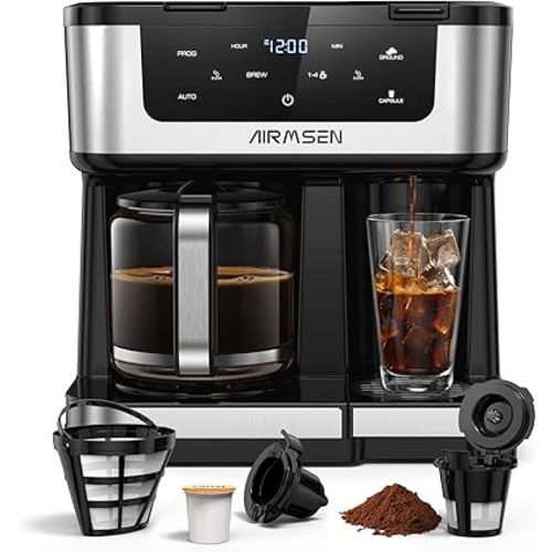 AIRMSEN 12-Cup Programmable Dual Coffee Maker – Single Serve Machine for K-Cup Pods & Ground, 1000W Fast Brew, Delay Start, 2H Keep Warm, Touchscreen, 60oz Tank, Glass Carafe – Home & Office