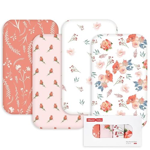 Gllquen Baby Bedside Sleeper Sheets 33x20 Inch 4 Pack - Fitted Crib Mattress Covers, Ultra Soft Oeko-TEX Certified Bassinet Sheets for Girls Boys, Gift Ready Box for Baby Shower (Floral Reverie)