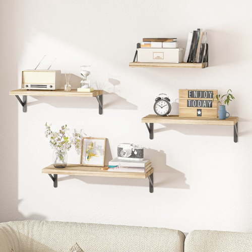 Fairy Floating Shelves, Rustic Wood Shelves, 4 Sets of Wall Mounted Shelf, 4.3x16.5x6.1inches, Carbonized Black