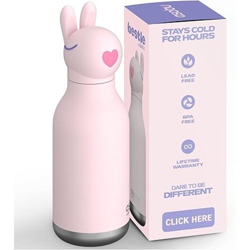 asobu Bestie Bottle Insulated Stainless Steel Water Bottle with Detachable Soft Animal Head Fun Drinking For Kids and Teens with Flexible Reusable Straw 16 Ounce