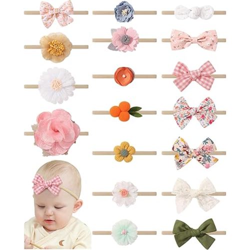 doboi 18PCS Baby Girl Headbands with Bows Baby Flower Hair Bows Nylon Hairbands Handmade Hair Accessories for Newborn Infant Toddlers Little Girls and Kids
