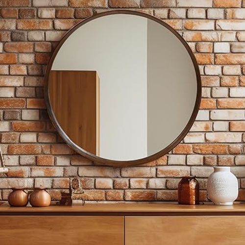 Round Wood Frame Mirror 28 Inch, Brown Wall Circle Mirror for Bathroom, Nursery, and Wall Decor