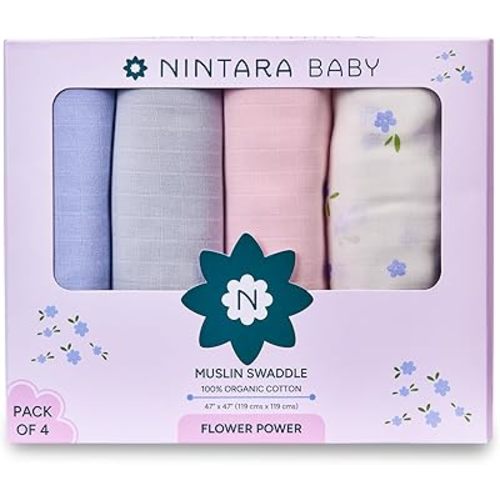 Extra-Large Swaddles - 100% Organic Premium Muslin Cotton, 47" x 47", Ultra-Soft, Breathable, Lightweight, Multipurpose, Gifts for Newborns, Pack of 4