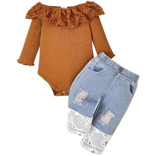 Baby Girl Clothes Toddler Outfit Infant White Lace Romper Long Sleeve + Jeans Pants Clothing Set