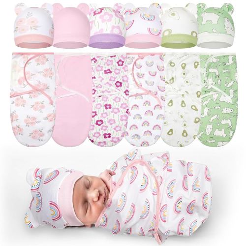 Ramede 6 Pack Preemie Swaddle Blanket with Hats Sleep Swaddle for Baby Boy Girl Preemie Newborn Sacks Soft Cotton Wearable(Flower,Pink and Green)