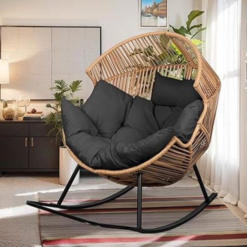 Vongrasig Wicker Egg Chair PE Rattan Rocking Chair with Cushion, Oversized Patio Lounge Rocker Chair for Outdoor, Indoor, Balcony, Backyard, Garden, Black