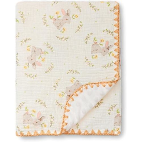 Baby Blanket Cotton Muslin Thick Dotted Backing Double Layer Receiving Blanket 40"x40" (Rabbit)