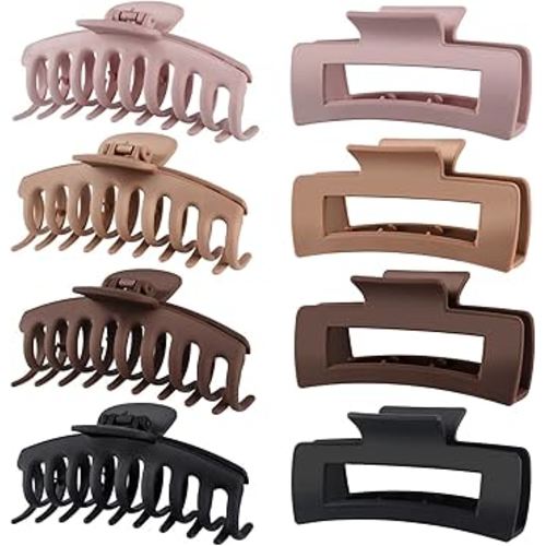 TOCESS Big Hair Claw Clips for Women - Neutral Large Claw Clip for Thin Thick Curly Hair 90's Strong Hold 4.33 Inch Nonslip Matte Jumbo Hair Clips (8 Pcs)