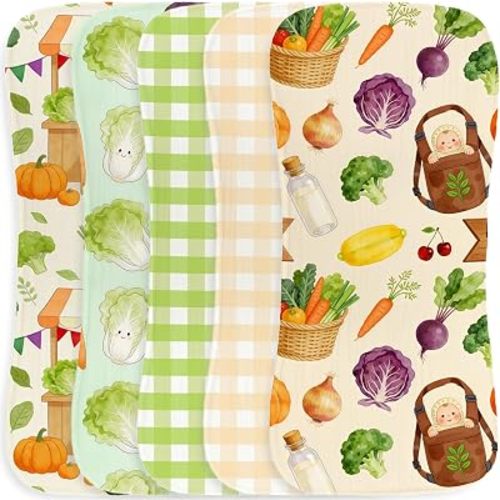 5 Pack Baby Burp Cloths, Soft Cotton Garden Harvest & Farm Market Theme Burp Cloths, Super Absorbent Cute Watercolor Vegetable Print Washcloths, Newborn Baby Essentials Gift Set