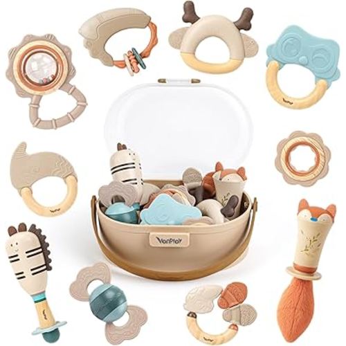 Baby Rattles & Teethers Set – Baby Toys 0-6 Months, Teething Toys 3-6 Months, Sensory Toys with Soft Textures, Gentle Sounds & Easy-Grip Shape, Neutral Newborn Gift（10-Pack）