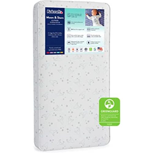 Kolcraft 2-Stage Antibacterial Toddler Bed Mattress | BabyPedic Extra Firm Waterproof Mattress - Dreamy Moonlight & Stars