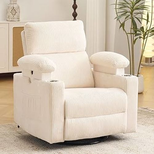 Oversized Power Recliner Chair Swivel Glider with Massage and Heat, Swivel Rocker Recliner with Adjustable Armrests, Nursery Chair with Adjustable Headrest, Rocker Nursery Recliner, Corduroy Beige