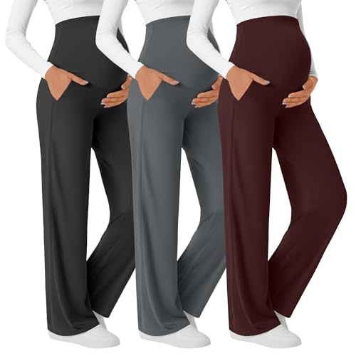 3 Pack Women's Maternity Yoga Pants | over The Belly, Wide Leg Lounge Pants, Pregnancy Pajama Trousers with Pockets, Comfy Mom Clothes, Postpartum