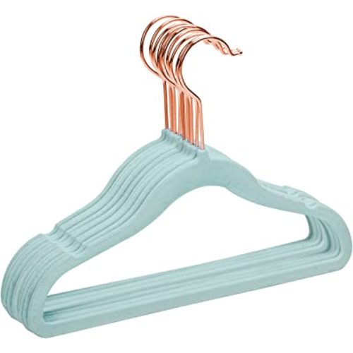 MIZGI Premium Kids Velvet Hangers (Pack of 50) with Copper/Rose Gold Hooks,Space Saving Ultra Thin,Non Slip Baby Hangers for Children's Skirt Dress Pants,Clothes Hangers(Blue)