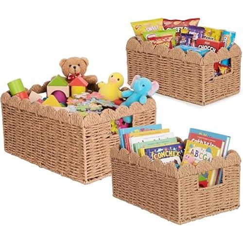 3 Pcs Scalloped Wicker Baskets, Hand-woven Storage Baskets with Built-in Handles, Paper Rope Shelf Baskets for Organizing and Decoration, Brown Basket