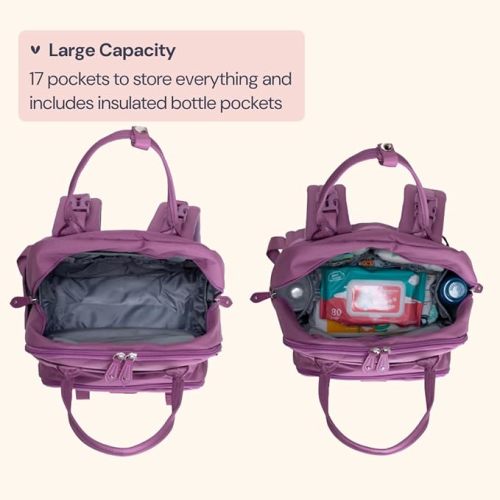 BabbleRoo Diaper Bag Backpack - Baby Essentials Travel Tote - Multi Function Water Resistant Diaper Bag, Travel Essentials Baby Bag with Changing Pad, Stroller Straps & Pacifier Case - Unisex, Purple