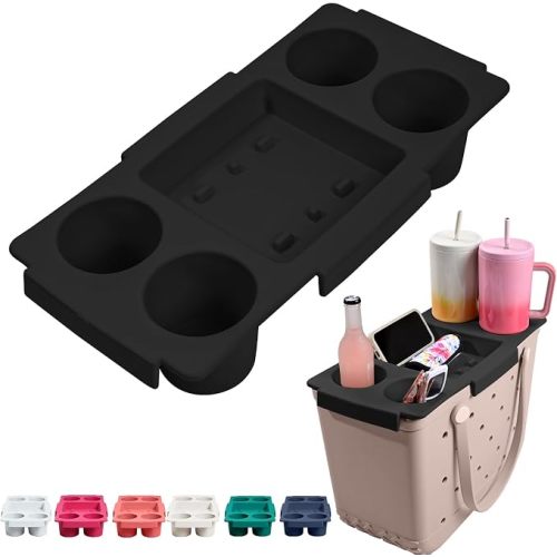 Tote Topper Tray Accessories for Bogg Bag Large Only - Waterproof EVA Removable Table Top Organizer Lid with Cup Holder, Divider, Snack, Phone & Drink Holders for Beach, Pool (Black)