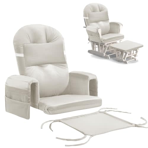 MABOZOO 6 PCS Glider Rocker Replacement Cushions with Storage Side Pocket,Foam & Microfiber Filling, Non-Slip & Washable,Thickened & Supportive Velvet Rocking Chair Cushion Set(Beige)