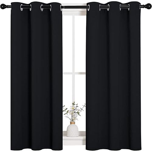 NICETOWN Halloween Bathroom Blackout Curtains and Drapes, Black Solid Thermal Insulated Grommet Blackout Drapery Panels for Window (2 Panels, 34 inches Wide by 45 inches Long, Black)
