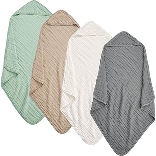 Muslin Hooded Baby Towels 4Pack - 32x32 Inches, Premium 6-Layer 100% Cotton Extra Soft Absorbent Bath Towels for Infant, Newborn Gift Set (4 Pure Colors)