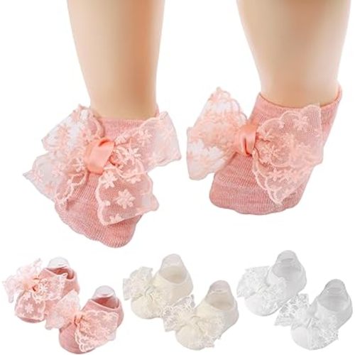 3 Pairs Baby Girls Socks, Lace Bow Non-Slip Grips Sock Toddler Princess Low Cut Ankle Socks for Newborn,Infant